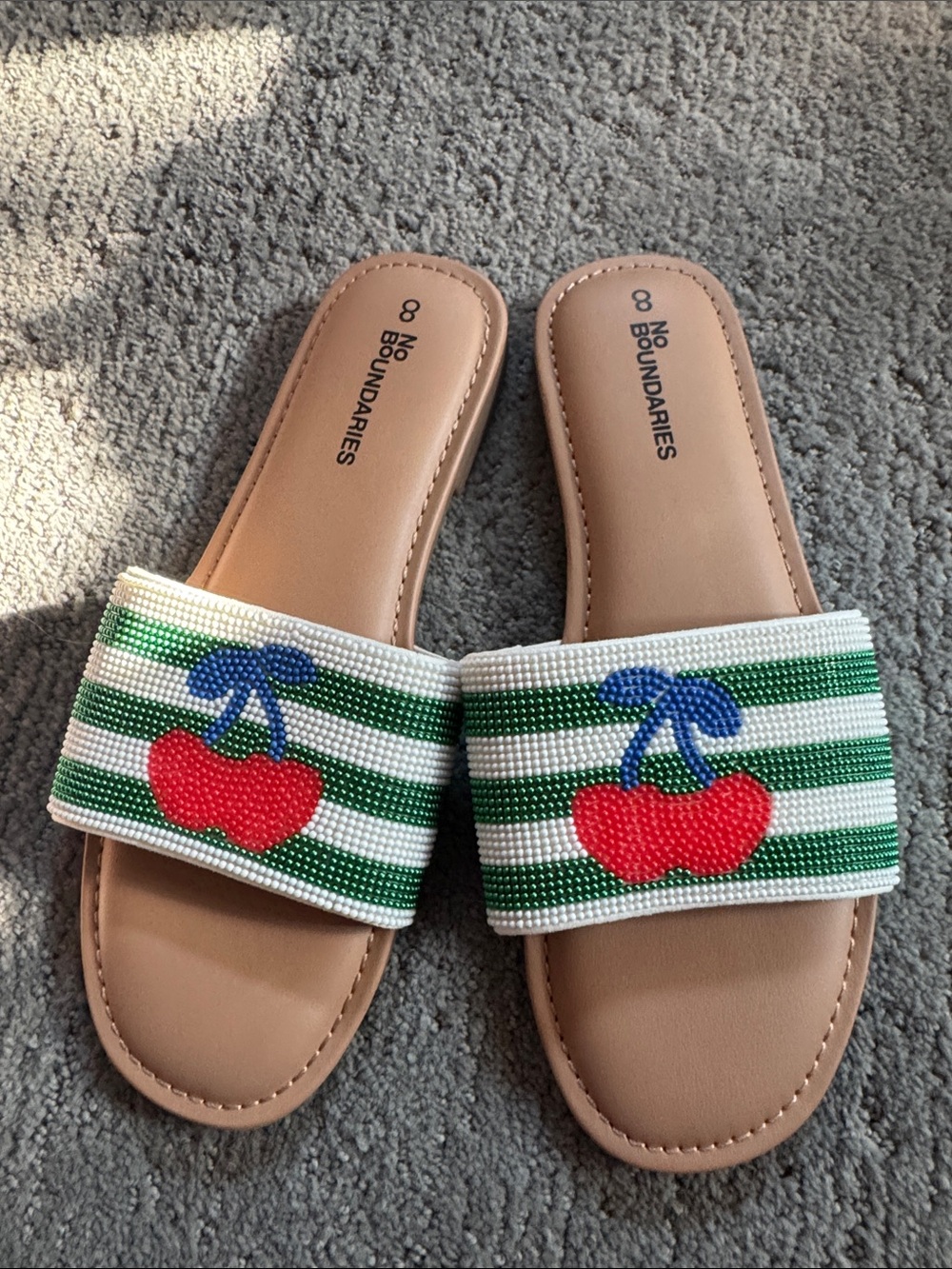 Green & White Striped Beaded Cherry motif sandals